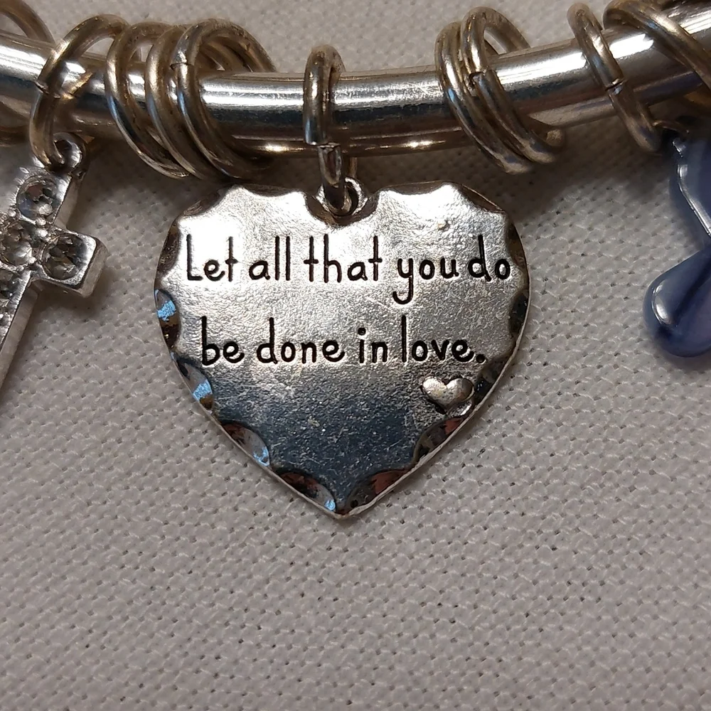Silvertone Vintage Artisan Bracelet with Inspirational Charms Heart Cross NWOT